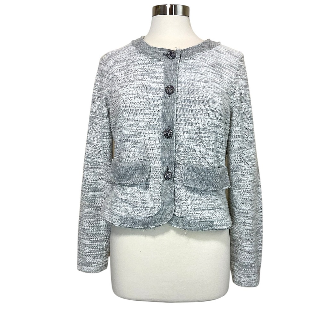 Aratta’s Silent Journey Knit Distressed Raw Hem Button Up Jacket